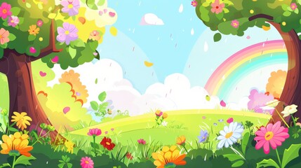 A garden with Apple trees, chrysanthemums, roses are the most prominent, the sky is blue like after rain and there is a rainbow, cartoon vector illustration with white background for graphic design an