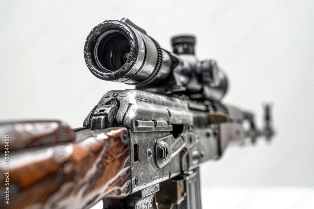 Poster A close-up view of a rifle lying on a table, ready for use