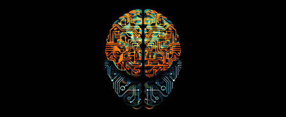 Fototapeta premium A glowing orange digital brain is superimposed on a dark background filled with intricate blue and red circuit patterns. The image conveys the concept of artificial intelligence design