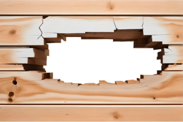 Hole breaking through a wooden wall isolated on a transparent background. Perfect for construction themes, renovation projects, and creative design concepts highlighting breakthrough and change.