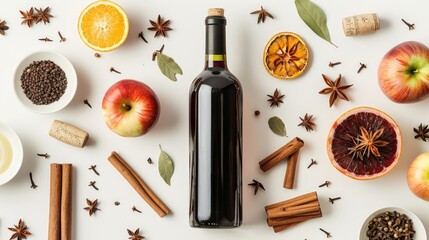 Variety of mulled wine ingredients arranged on white surface with wine bottle cinnamon apple orange star anise autumn drink preparation setting