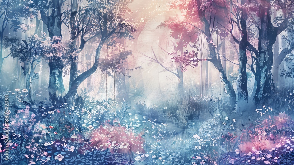 Wall mural fairy forest, enchanted, light pastel colors, watercolor style, 