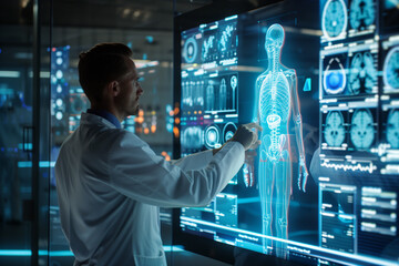 3d rendered illustration of a body and brain for medical technology AI in medicine and science computing systems. Information data in hospitals and doctors in digitalization 