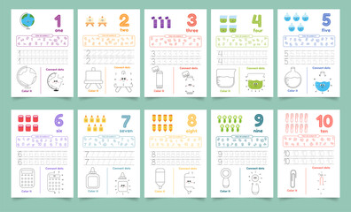 Activity worksheets for kids with many exercises. Learning numbers from 1 to 10. Trace, color, dot to dot on one page