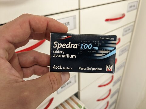 Prague, Czech Republic - July 10 2024: Spedra box of medication with avanafil active substance by Menarini, used for treatment of erectile dysfunction.