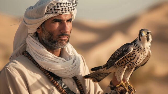 Portrait arabic middle&nbsp;eastern man wearing arab kandura holding falcon in the desert