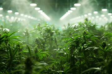 Naklejka premium commercial farming of medical cannabis plants in a modern and automated indoor greenhouse growing for medicinal purpose