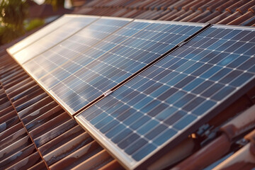 Close-up of solar photovoltaic solar panels on roof to produce green renewable alternative energy for the environment as a ecology concept
