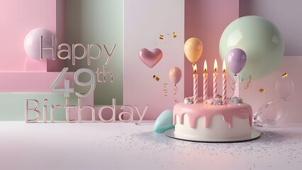 Minimalist 3D Pastel theme Happy 49th Birthday Background With Illustration Of Cake, Balloons, Heart And Confetti, 3d Happy Birthday Background