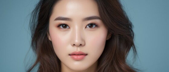 Fototapeta premium Portrait of a beautiful Korean woman with long, wavy hair and a serene expression, set against a blue background.