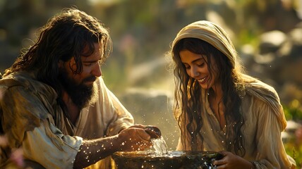 Biblical Illustration, Jesus talking with Samaritan woman at the Jacob’s well