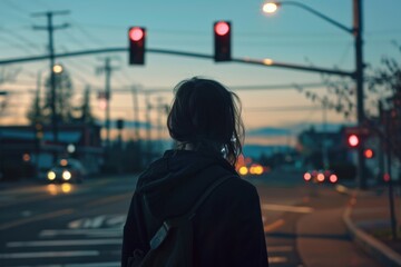 Obraz premium A person standing at a crossroads at dusk, looking back over their shoulder with a pensive expression