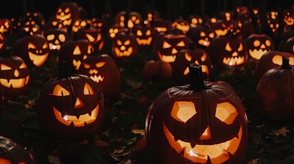 Ai generated spooky halloween night with glowing evil pumpkin faces in the dark ambiance