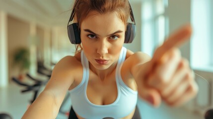 Captivating female fitness instructor guiding exercise on indoor stationary bike with headset and microphone.