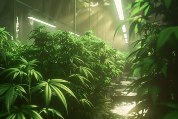 commercial farming of medical cannabis plants in a modern and automated indoor greenhouse growing for medicinal purpose