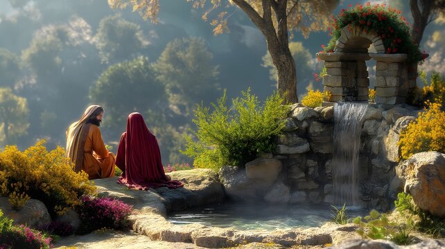 Biblical Illustration, Jesus talking with Samaritan woman at the Jacob&rsquo;s well