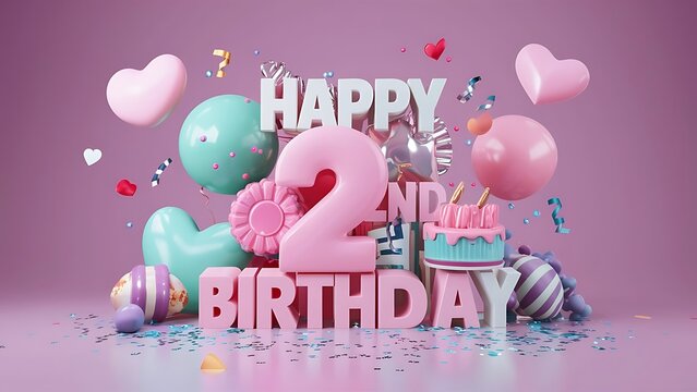 Minimalist 3D Pastel theme Happy 2nd Birthday Background With Illustration Of Cake, Balloons, Heart And Confetti, 3d Happy Birthday Background