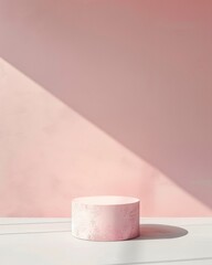 Soft Pastel Pink Podium on Minimalist Grey Background for Modern Display, Emphasizing Clean, Monochromatic Design with Natural Lighting