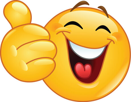 Naklejki Laughing emoji emoticon showing thumb up gesture, like hand sign