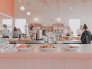 Diverse Office Team Enjoys Healthy Lunch in Bright, Modern Kitchen Setting Highlighting Workplace Wellness