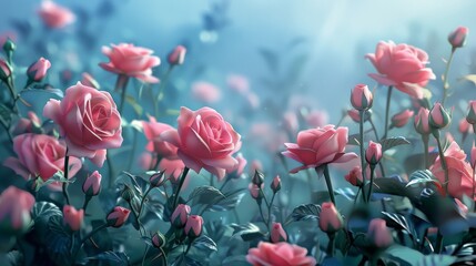 Fototapeta premium lots of pink rose flower, cartoon stlye, waltercolor stlye, 4k, cute, vintage stlye, 