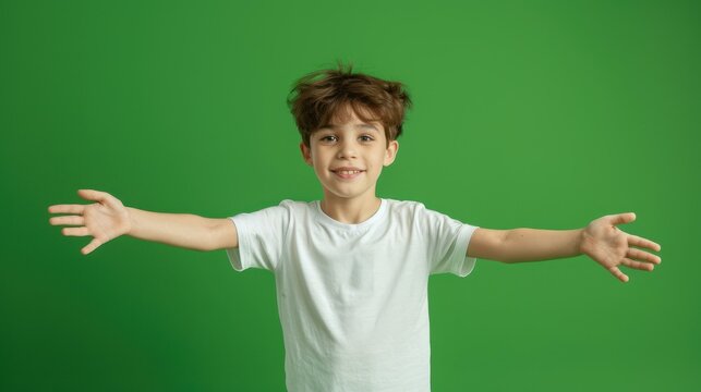 Happy young man beckoning someone to join him. Teenage boy stands against green screen backdrop. Vibrant k footage.