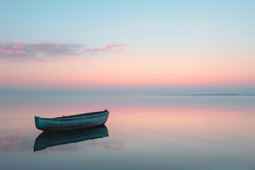 Naklejka premium A quiet lake at sunrise, the water perfectly still and reflecting the pastel colors of the sky, a small boat drifting gently