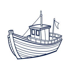 Fishing Boat vector line art on white background