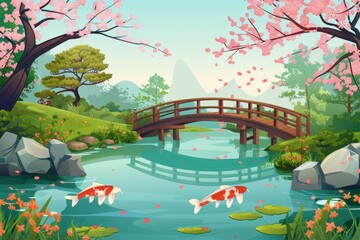 A serene Japanese garden with a koi pond, blooming cherry blossoms