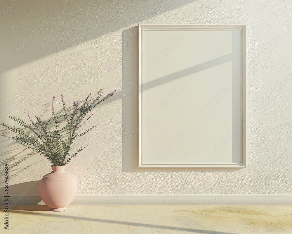 Aufkleber serene pastel grey interior with empty frame for mockup and subtle tree shadows, featuring soft natu