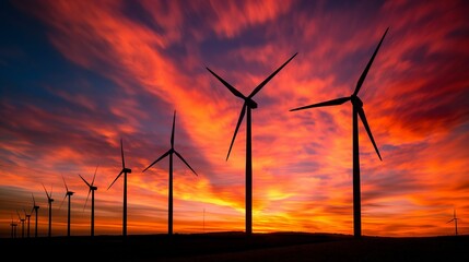 Silhouettes of wind turbines at sunset with vibrant red and orange sky.