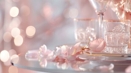 Intimate Valentines Day Dinner Setting with Elegant Crystal Glassware and Rose Petals on Glass Table, Luxurious Romantic Evening Atmosphere