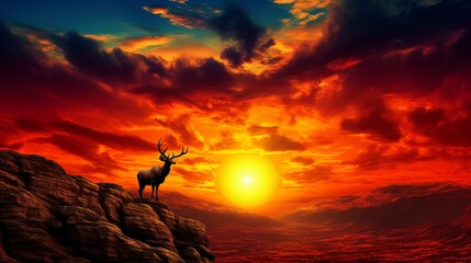 Silhouetted deer against sunset mountains on bright background, scenic setting sun view