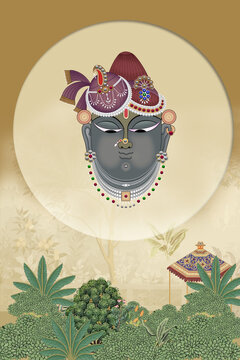 A Beautiful Indian Cow Pichwai Art Illustration with background Interior Wall Decoration,Pichwai Krishna	