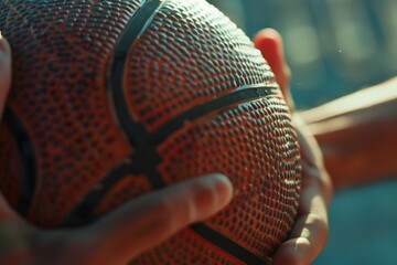 Close-up of hands holding a basketball at dusk. Warm tones with focused details on the ball's texture. Sports-themed motivational image suitable for advertisement and social media use. Generative AI