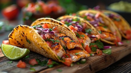 Delicious fish tacos with fresh toppings served on a wooden board with a lime wedge, perfect for a vibrant and tasty meal.