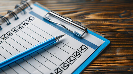 Conceptual Image of a Handwritten Checklist on Wooden Desk with Blue Pen for Task Management and Productivity