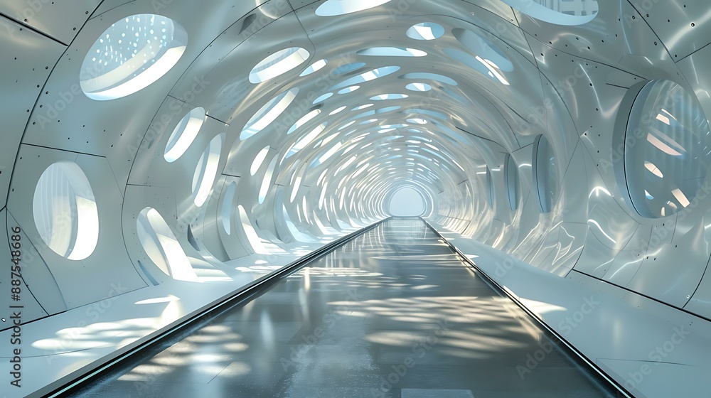 Poster a high-tech tunnel with dynamic, intersecting beams of light and floating, translucent panels, givin