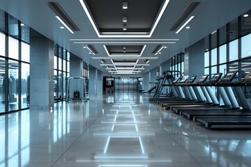 Obraz premium Spacious gym with rows of treadmills and large windows emphasizing an open and inviting environment