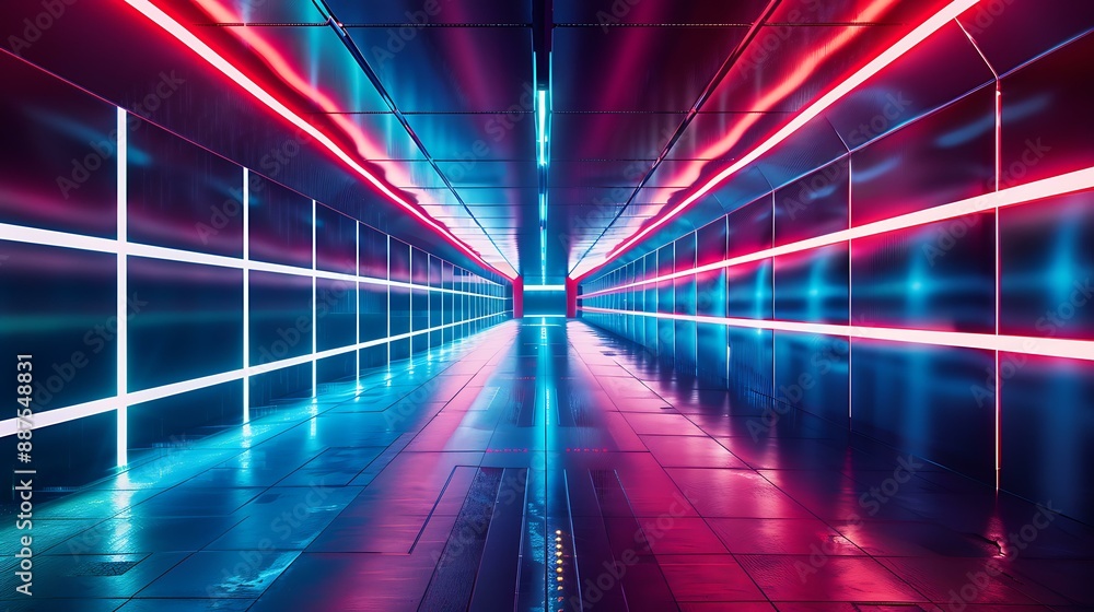 Poster a sleek, illuminated corridor with glowing neon lines and a metallic finish extending into the dista