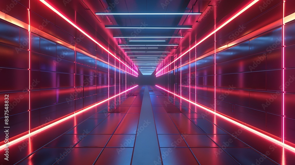 Poster a sleek, illuminated corridor with glowing neon lines and a metallic finish extending into the dista