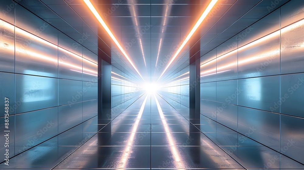 Poster a sleek, illuminated corridor with glowing neon lines and a metallic finish extending into the dista