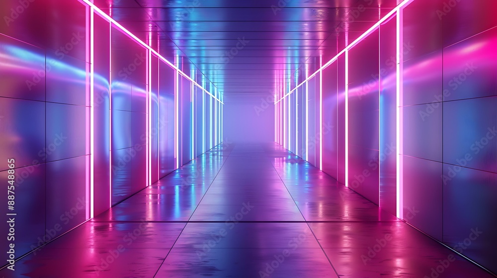 Poster a sleek, illuminated corridor with glowing neon lines and a metallic finish extending into the dista