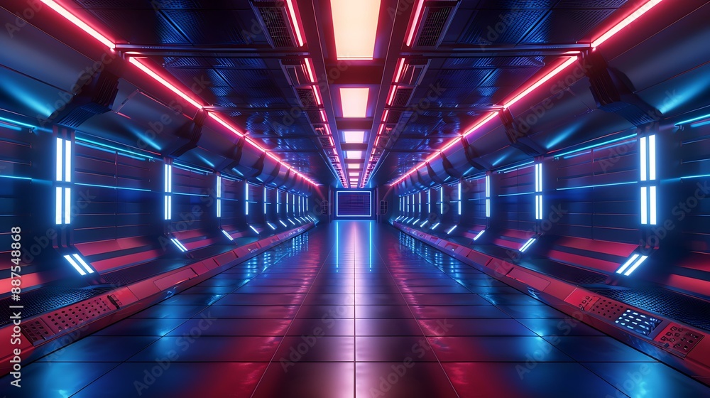 Poster a sleek, illuminated corridor with glowing neon lines and a metallic finish extending into the dista