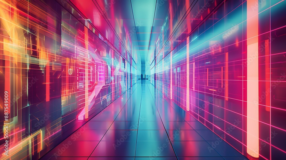 Poster an abstract digital corridor featuring geometric patterns and vibrant holographic displays along the