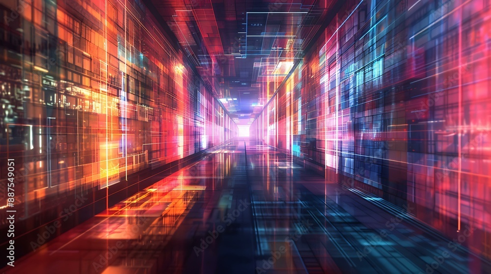 Poster an abstract digital corridor featuring geometric patterns and vibrant holographic displays along the