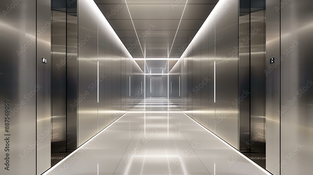 Poster an endless corridor with a minimalist design, featuring seamless metallic panels and pulsating led l