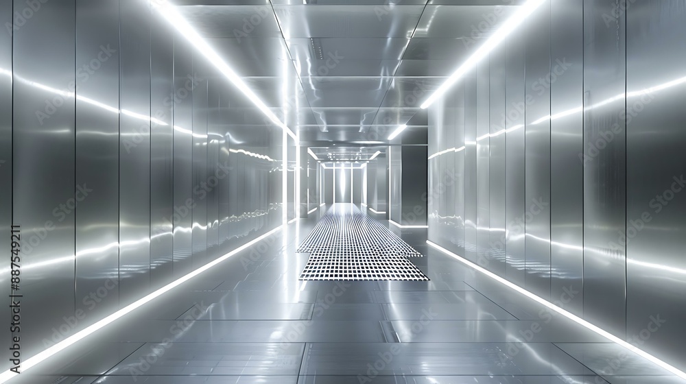Poster an endless corridor with a minimalist design, featuring seamless metallic panels and pulsating led l