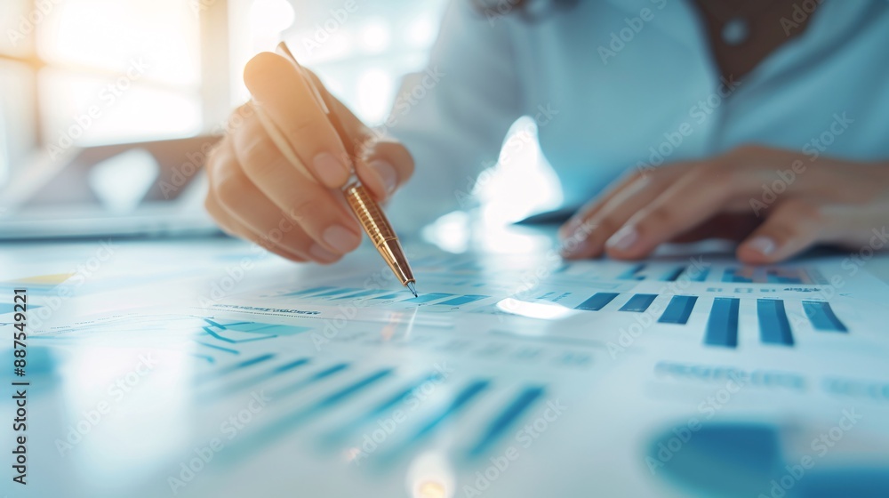 Aufkleber a close-up of a financial consultant's hand pointing to a bar chart on a document, surrounded by fin