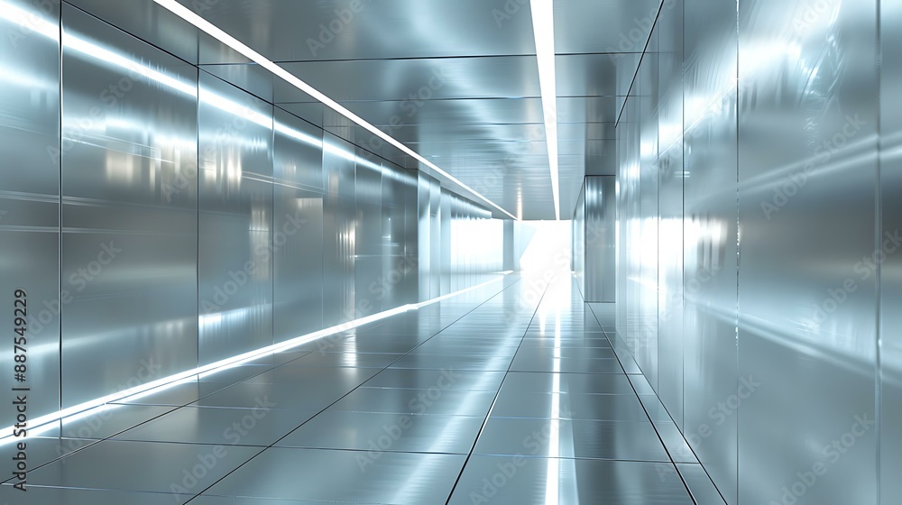 Poster an endless corridor with a minimalist design, featuring seamless metallic panels and pulsating led l